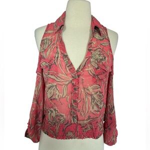 GUESS Cold Shoulder Women’s Blouse Medium Pink leaves Print long sleeve